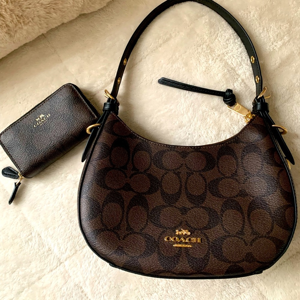 Coach Kleo Hobo dark brown signature with matching small wallet
